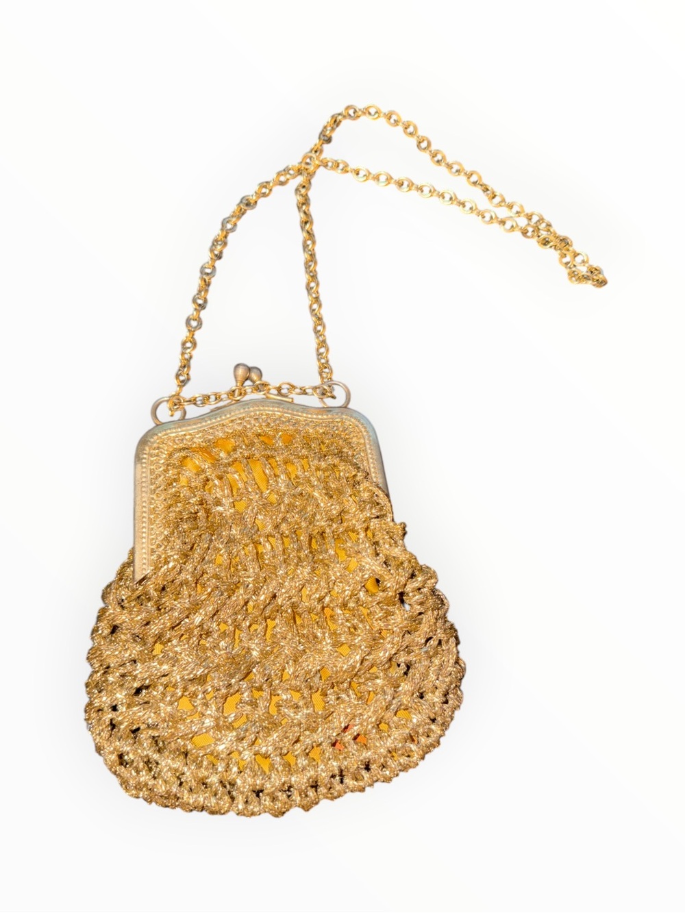 Vintage mid century metallic gold crocheted evening bag
